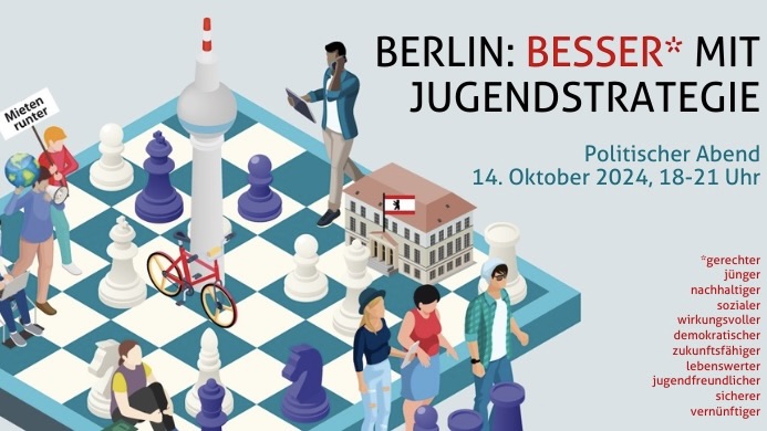 Es ist ein blau-weißes Schachspielbrett dargestellt, auf dem verteilt Brettfiguren stehen. Es sind ebenfalls animierte Menschen sowie sowie der Berliner Fernsehturm zu sehen. Rechts oben in der Ecke steht der Titel der Veranstaltung.