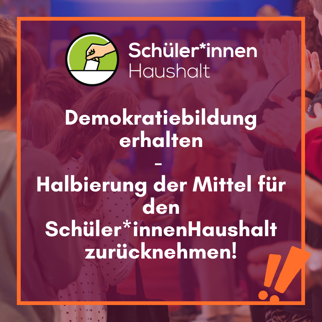 Auf dem Bild steht: Demokratiebildung erhalten - Halbierung der Mittel für den Schüler*innenHaushalt zurücknehmen!